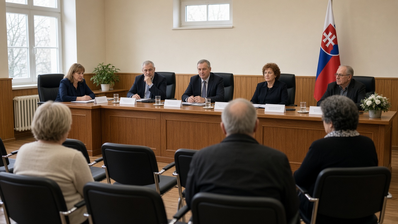 Zasadacia miestnosť obecného úradu s dlhým stolom, menovkami poslancov a niekoľkými obyvateľmi v rade stoličiek pre verejnosť