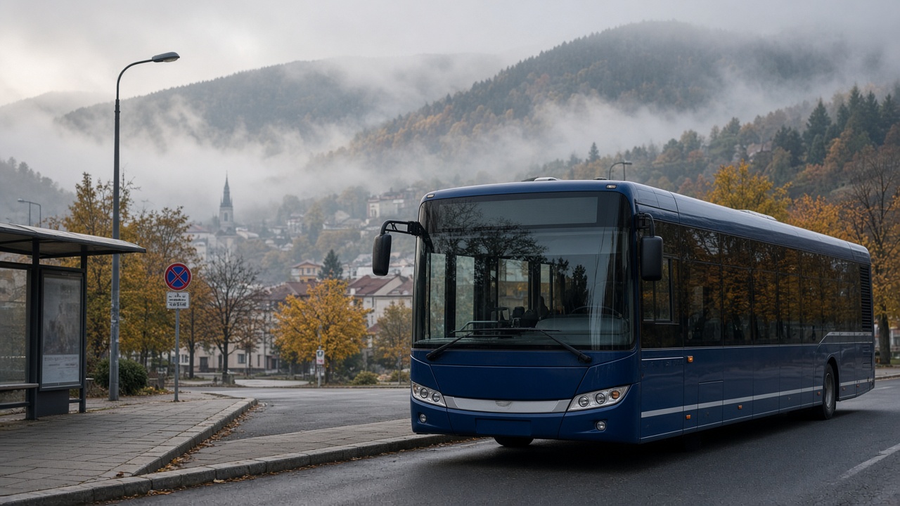 Mestský autobus na zastávke v Banskej Bystrici v jesennom ráne, v pozadí zalesnené svahy nad mestom