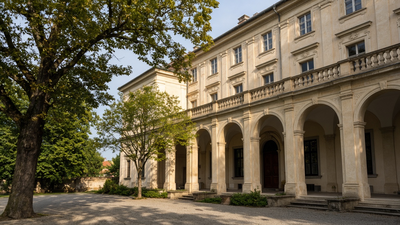 Priečelie kaštieľa v Radvani s arkádovým nádvorím a vzrastlými stromami v neskorom letnom popoludní