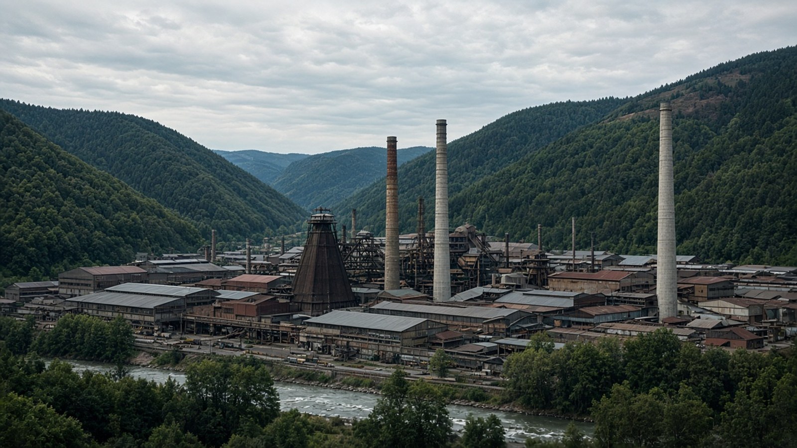 Areál železiarní v Podbrezovej v údolí Hrona s halami, komínmi a zalesnenými kopcami v pozadí